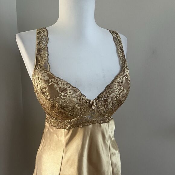 Victorias Secret Satin Lace Slip Mini Dress Chemise M Gold Cocquette Party Glam - Picture 9 of 12